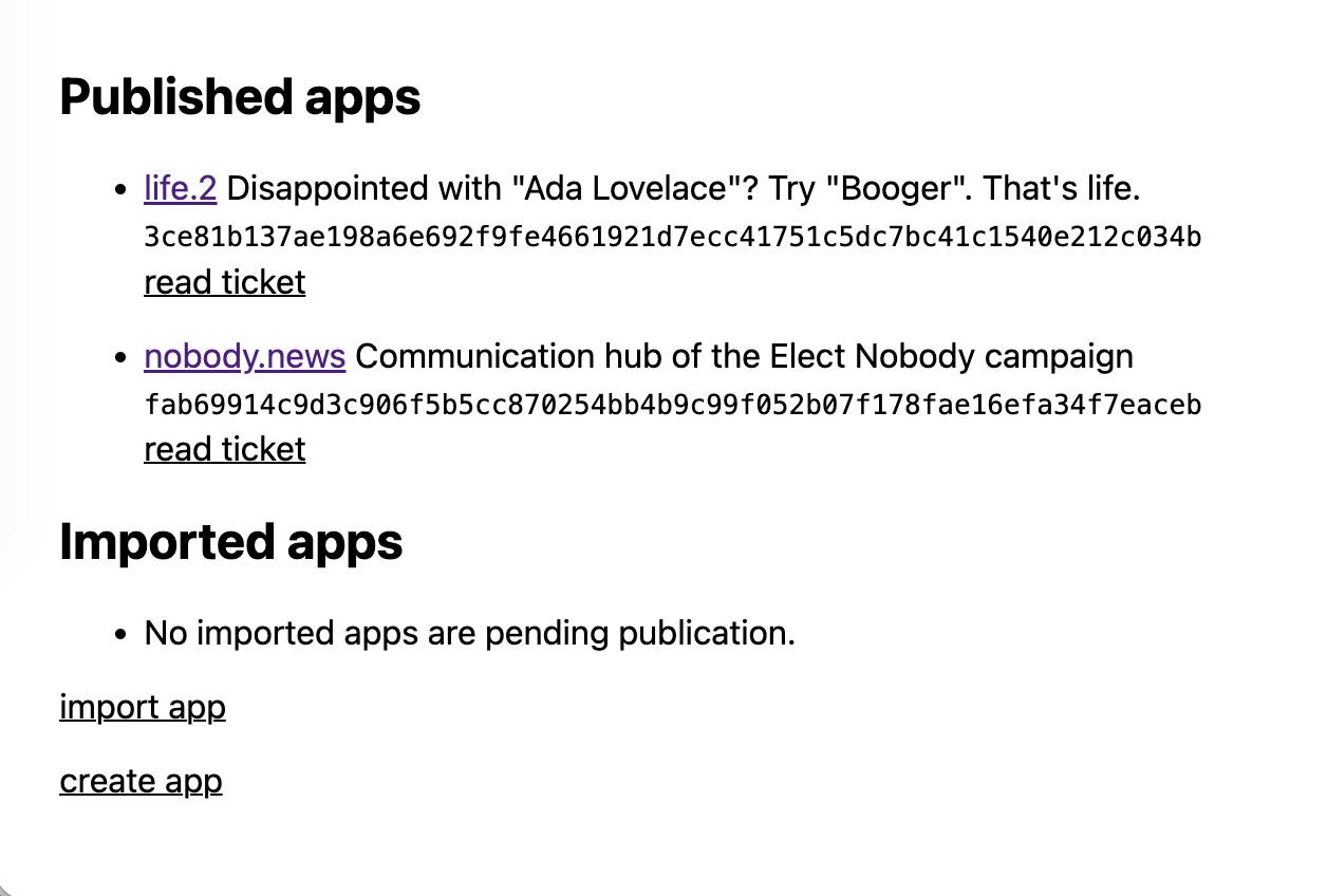 The chassis landing page at http://localhost:4919, showing the Published apps and Imported apps lists